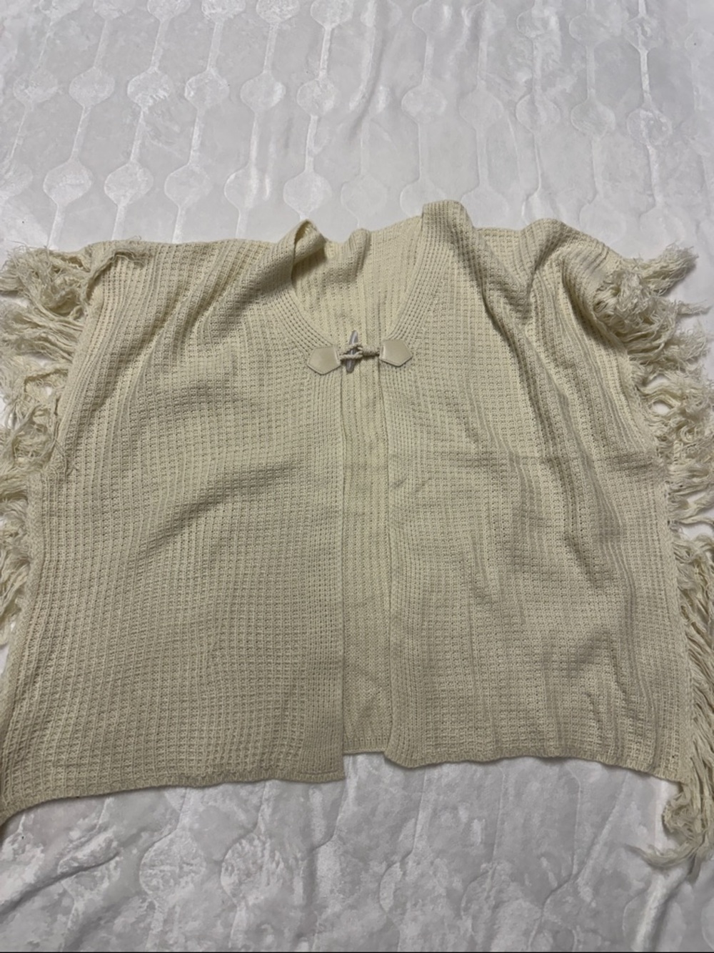 Anthropologie Cream Fringe Knit Poncho